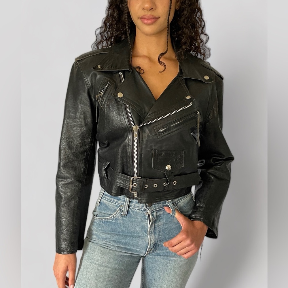Vintage Cropped Black Motorcycle Jacket